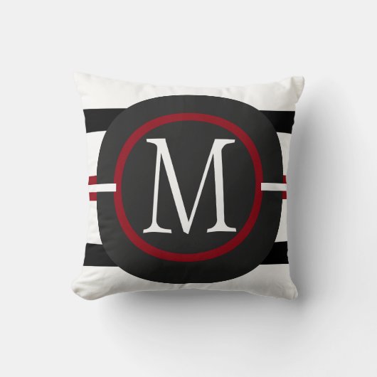 モノグラムが付いているエレガントで赤く、白く及び黒いライン クッション (正面)