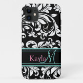 モノグラムが付いているエレガントで黒く及び白いダマスク織パターン Case-Mate iPhoneケース (裏面)