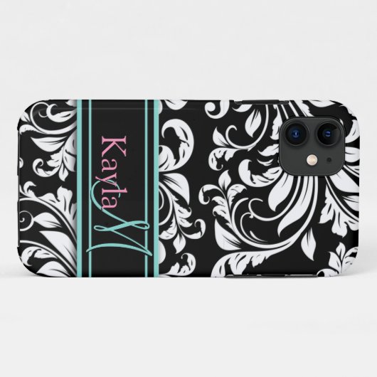 モノグラムが付いているエレガントで黒く及び白いダマスク織パターン Case-Mate iPhoneケース (裏面(横))