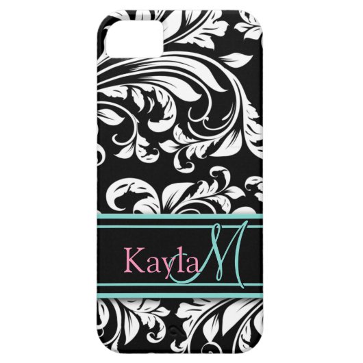 モノグラムが付いているエレガントで黒く及び白いダマスク織パターン Case-Mate iPhoneケース (裏面)
