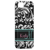 モノグラムが付いているエレガントで黒く及び白いダマスク織パターン Case-Mate iPhoneケース (裏面/右)