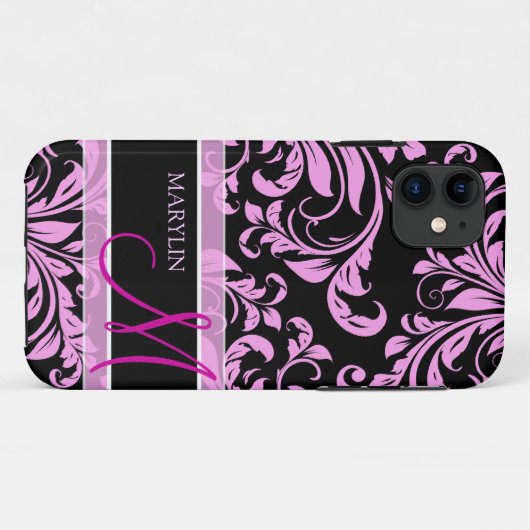 モノグラムが付いているエレガントなピンクおよび黒いダマスク織 Case-Mate iPhoneケース (裏面(横))