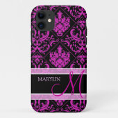 モノグラムが付いているエレガントな紫色及び黒いダマスク織 Case-Mate iPhoneケース (裏面)