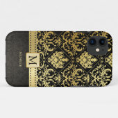 モノグラムが付いているエレガントな黒および金ゴールドのダマスク織 Case-Mate iPhoneケース (裏面(横))