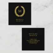 モノグラムが付いているエレガントな黒および金ゴールドの月桂樹のリース スクエア名刺 (正面/裏面)