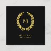 モノグラムが付いているエレガントな黒および金ゴールドの月桂樹のリース スクエア名刺 (正面)