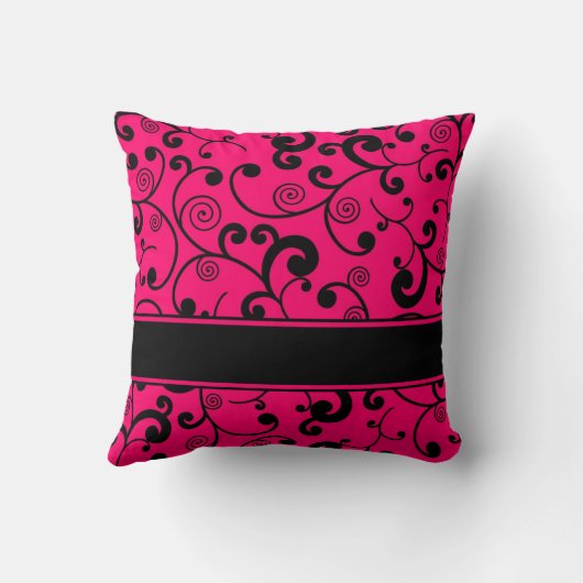 モノグラムが付いているショッキングピンクそして黒い線条細工スクロール クッション (裏面)