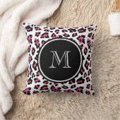 モノグラムが付いているショッキングピンクの黒のヒョウのアニマルプリント クッション (ブランケット)