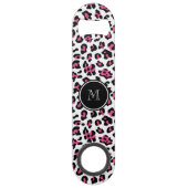 モノグラムが付いているショッキングピンクの黒のヒョウのアニマルプリント スピード栓抜き (裏面)