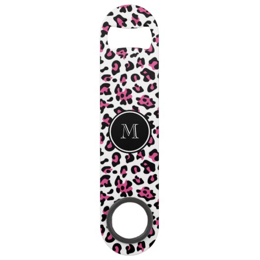 モノグラムが付いているショッキングピンクの黒のヒョウのアニマルプリント スピード栓抜き (正面)