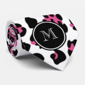 モノグラムが付いているショッキングピンクの黒のヒョウのアニマルプリント ネクタイ (ロール)