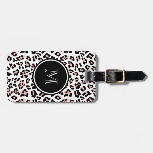 モノグラムが付いているピンクの黒いヒョウのアニマルプリント ラゲッジタグ (正面横)