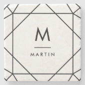 モノグラムが付いているモダンで黒く幾何学的なライン ストーンコースター (正面)