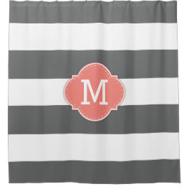 モノグラムが付いている上品なダークグレーおよび白のストライプ シャワーカーテン