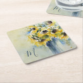 モノグラムが付いている印象派の水彩画のヒマワリ スクエアペーパーコースター (アングル)