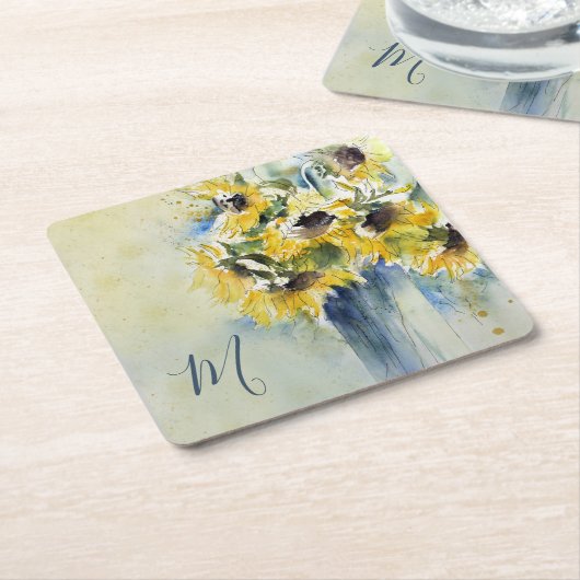 モノグラムが付いている印象派の水彩画のヒマワリ スクエアペーパーコースター (アングル)