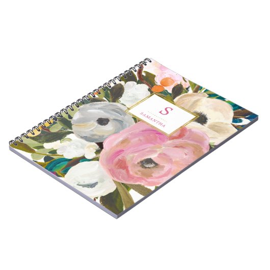 モノグラムが付いている敏感な花の水彩画 ノートブック (左側)