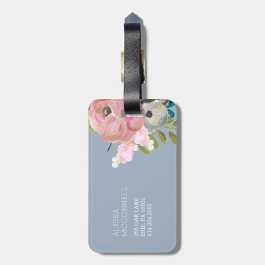 モノグラムが付いている水彩画の花柄そして青いギンガム ラゲッジタグ (裏面縦)