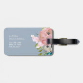 モノグラムが付いている水彩画の花柄そして青いギンガム ラゲッジタグ (裏面横)