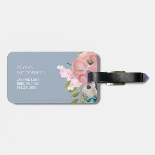 モノグラムが付いている水彩画の花柄そして青いギンガム ラゲッジタグ (裏面横)