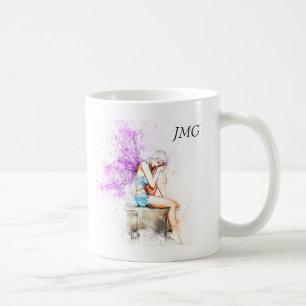 モノグラムが付いている青の水彩画の妖精 コーヒーマグカップ
