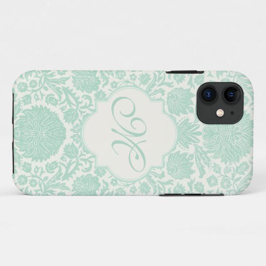 モノグラムが付いているSeafoamの緑のレトロの花のダマスク織 Case-Mate iPhoneケース (裏面(横))