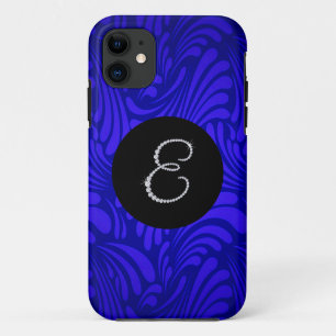 モノグラムきらきら光る文字E青スワール背景 iPhone 11 ケース
