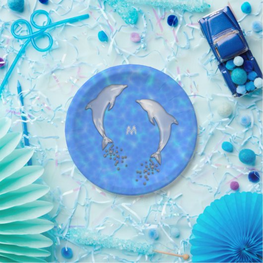 モノグラムきらめくで青イルカをジャンプさせる ペーパープレート (パーティー)