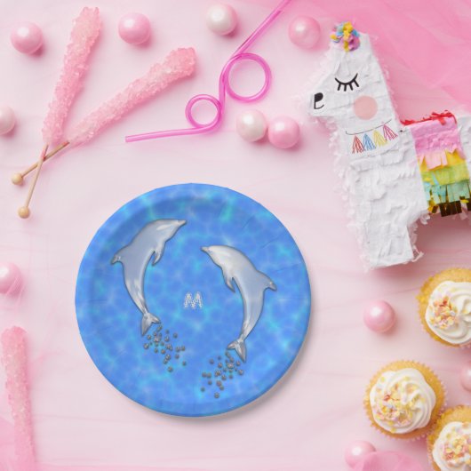 モノグラムきらめくで青イルカをジャンプさせる ペーパープレート (パーティー)