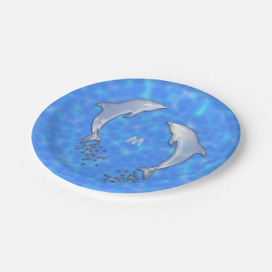 モノグラムきらめくで青イルカをジャンプさせる ペーパープレート (アングル)