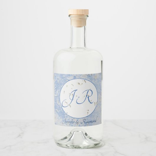 モノグラムでマーリングされた青と灰色 リキュールボトルラベル (正面)