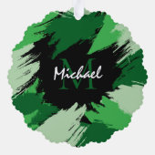 モノグラムで緑の名前のブラシストロークの色合い オーナメントカード (裏面)