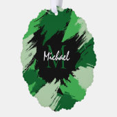 モノグラムで緑の名前のブラシストロークの色合い オーナメントカード (左)