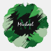 モノグラムで緑の名前のブラシストロークの色合い オーナメントカード (正面)