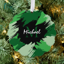 モノグラムで緑の名前のブラシストロークの色合い オーナメントカード