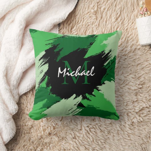 モノグラムで緑の名前のブラシストロークの色合い クッション (ブランケット)