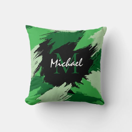 モノグラムで緑の名前のブラシストロークの色合い クッション (正面)