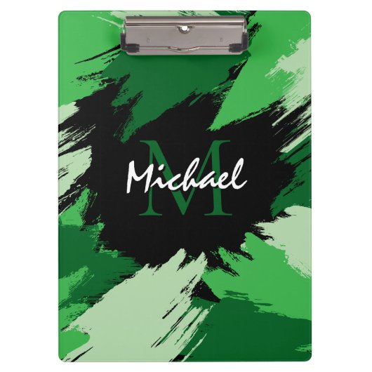 モノグラムで緑の名前のブラシストロークの色合い クリップボード (正面)