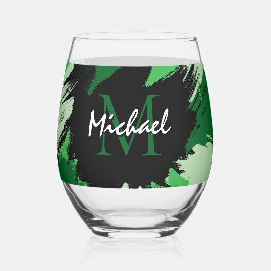 モノグラムで緑の名前のブラシストロークの色合い ステムなしワイングラス (左)