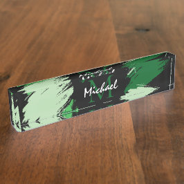 モノグラムで緑の名前のブラシストロークの色合い デスクネームプレート