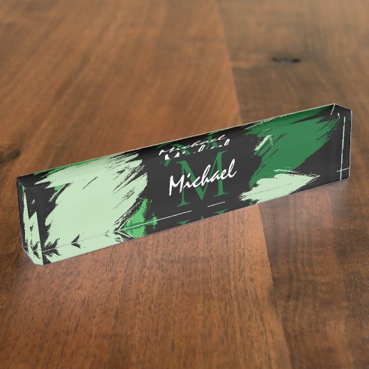 モノグラムで緑の名前のブラシストロークの色合い デスクネームプレート (側面)