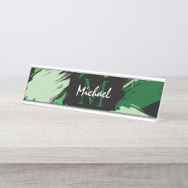 モノグラムで緑の名前のブラシストロークの色合い デスクネームプレート