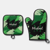 モノグラムで緑の名前のブラシストロークの色合い 鍋つかみ&鍋敷きセット (正面)