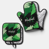 モノグラムで緑の名前のブラシストロークの色合い 鍋つかみ&鍋敷きセット (正面/裏面)
