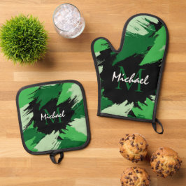 モノグラムで緑の名前のブラシストロークの色合い 鍋つかみ&鍋敷きセット