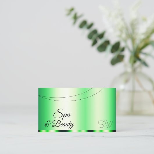 モノグラムで輝く明るい緑スタイリッシュ 名刺 (スタンド正面)