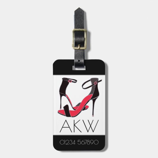 モノグラムで黒にハイヒールの靴のペア ラゲッジタグ (正面縦)