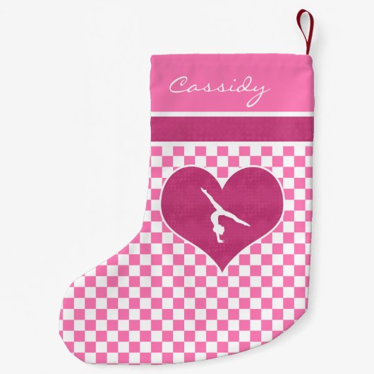 モノグラムとのかわいらしいピンクのチェック模様の体操 スモールクリスマスストッキング (裏面)