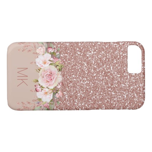 モノグラムとのばら色の金ゴールドのグリッターの花柄 Case-Mate iPhoneケース (裏面(横))