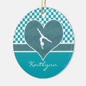 モノグラムとのティール(緑がかった色)の緑のチェック模様の体操 セラミックオーナメント (左)